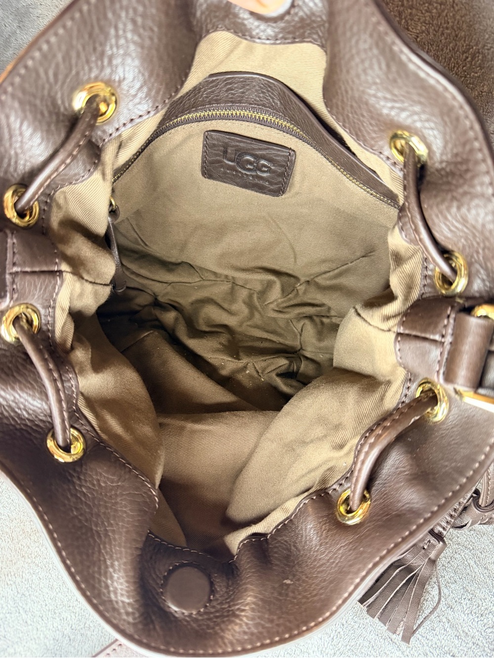 UGG Cable Knit Lambswool and Yak Drawstring Hobo w/ Brown Leather Trim - Picture 10 of 12